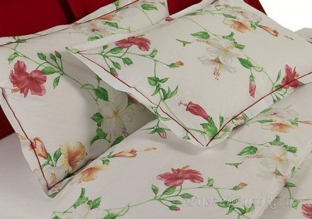 Постельное белье 2 спальное евро макси Mirabello Hibiscus белое с красными цветами