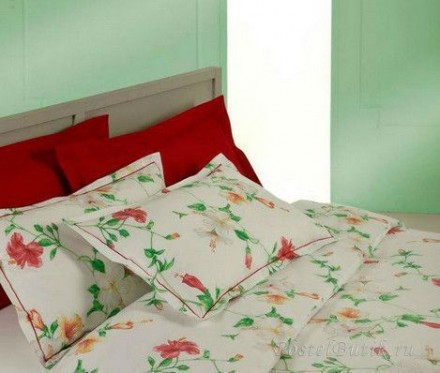 Постельное белье 2 спальное евро макси Mirabello Hibiscus кремовое с красными цветами