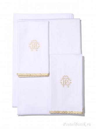 Постельное белье 2 спальное евро макси Roberto Cavalli Gold белое